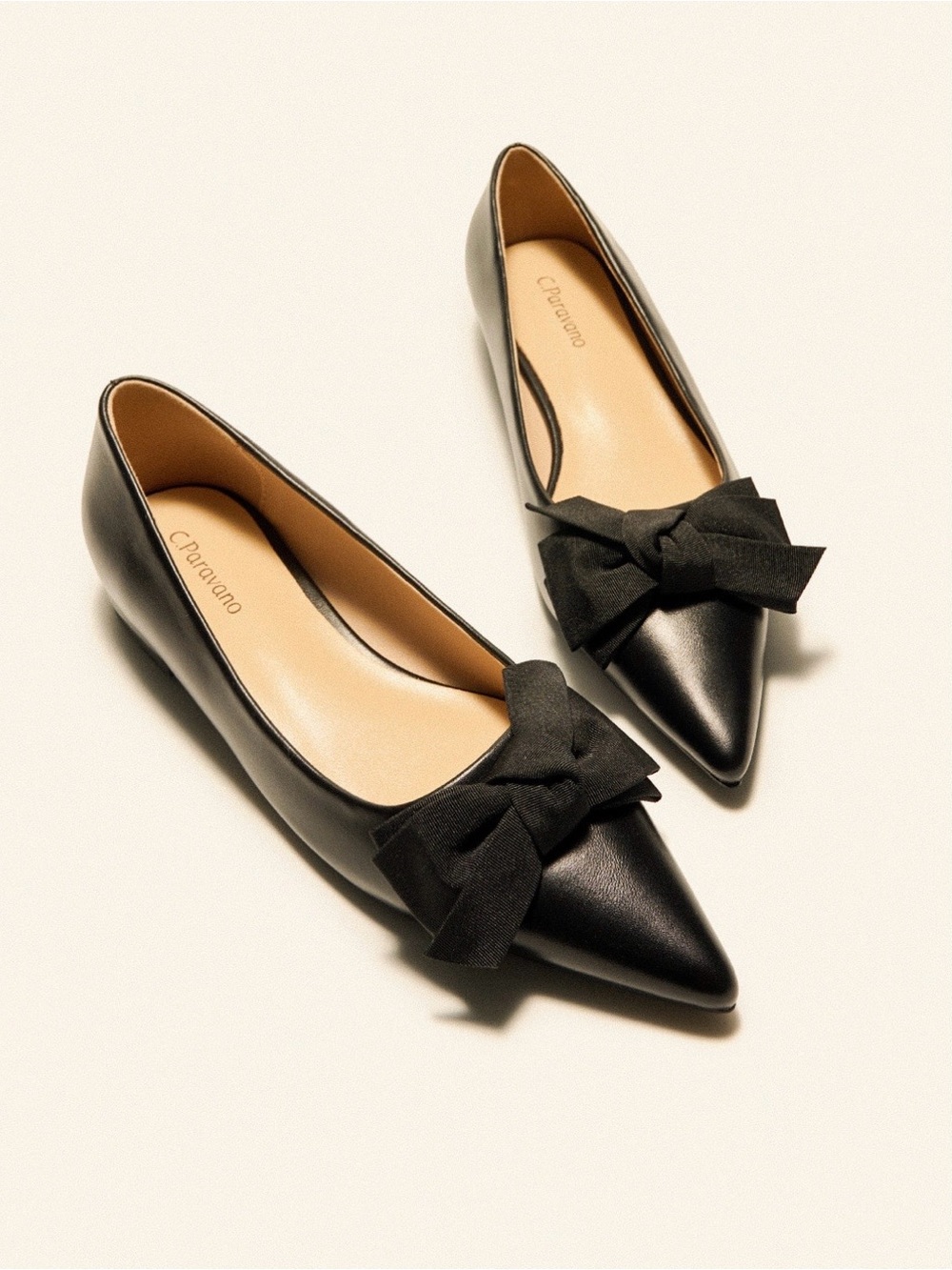 C. Paravano Aida Pointy Toe Bow Flats Black 38.5